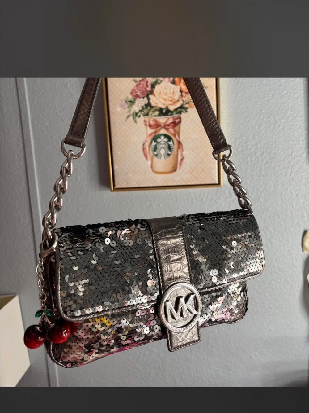 Michael Kors Silver Sequin Mini Shoulder Bag with MK Logo